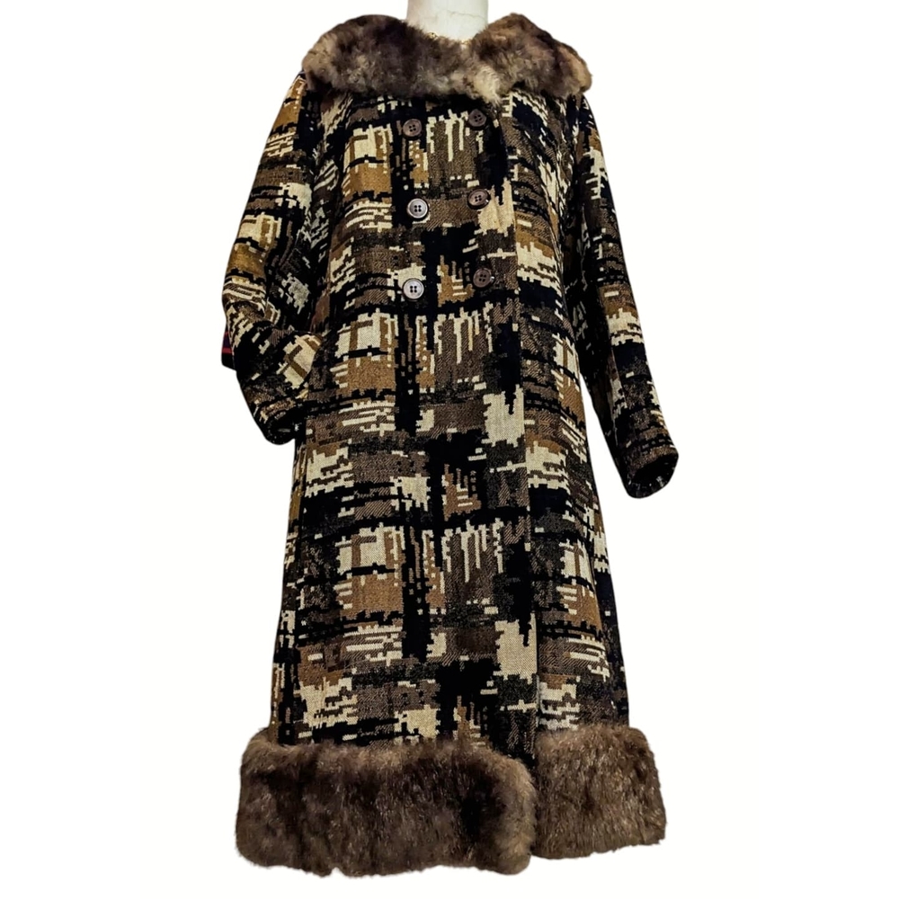 Vintage 60s Tapestry Coat with Faux Fur Trim RARE